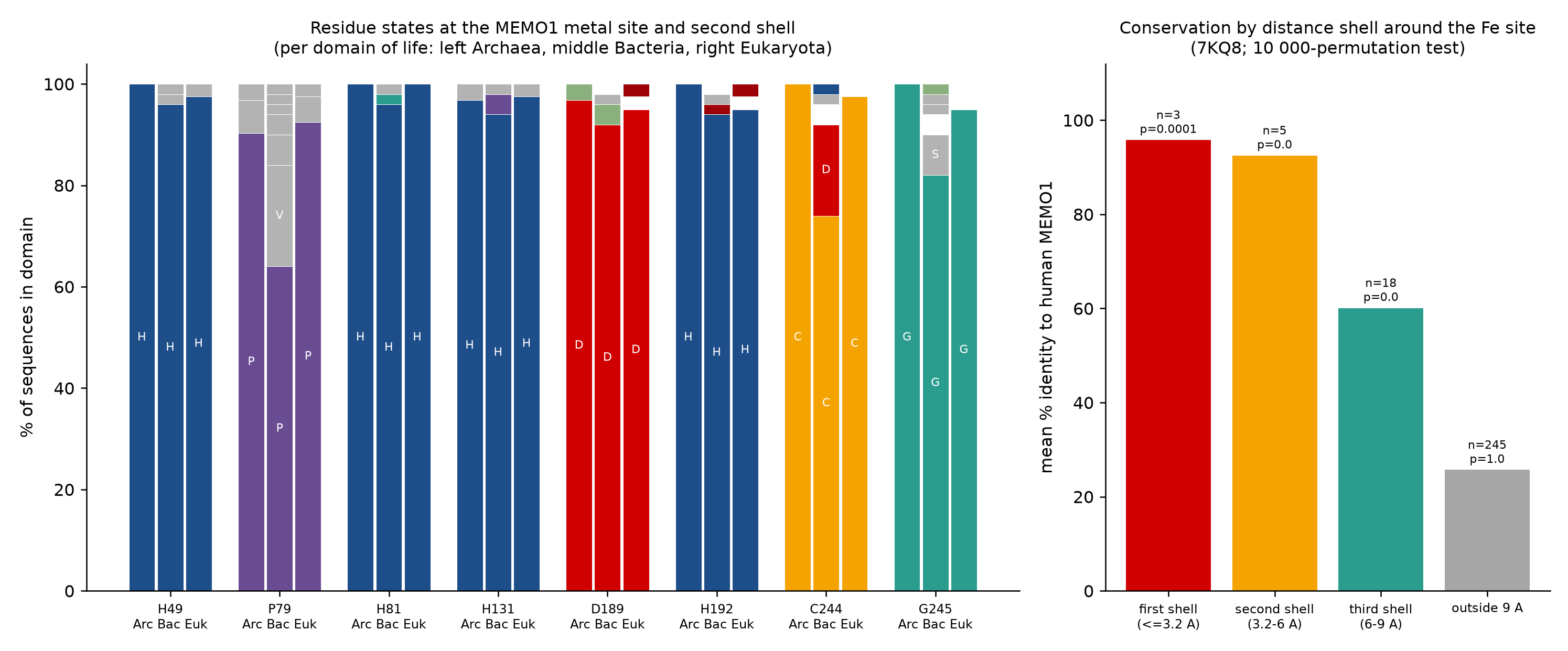 Residue composition at the 8 key positions per domain of life; conservation by distance shell.